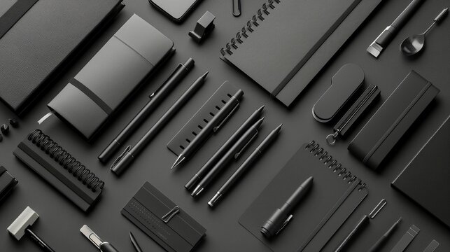 Black office supplies on a black table
