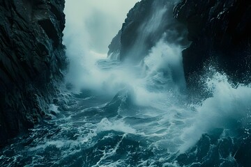 Dynamic Waves Crashing: A powerful shot of waves crashing against rugged cliffs, capturing the raw and untamed beauty of the ocean.

 - obrazy, fototapety, plakaty