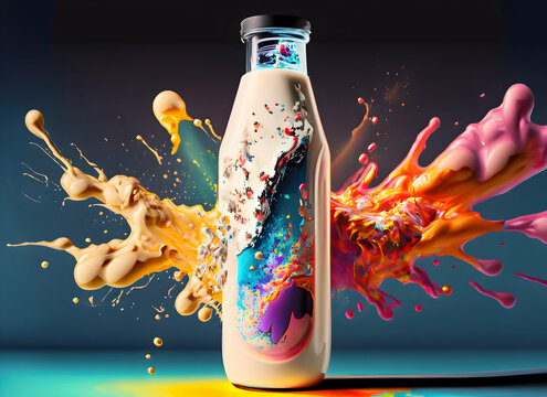 Abstract exploding photon bottle of milk acrylic paint maximalism on digital art concept.