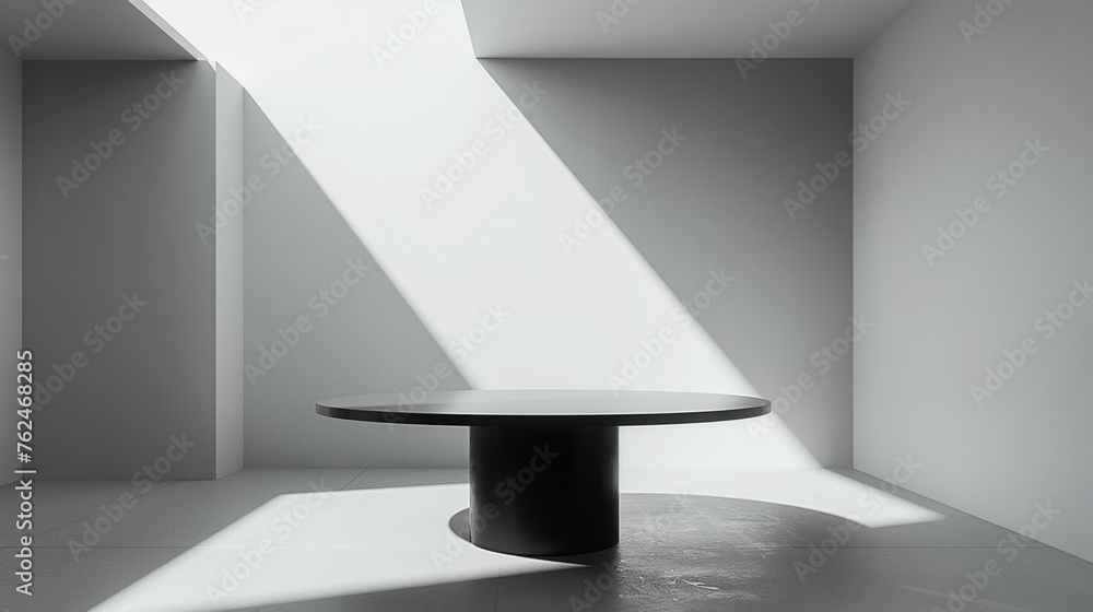 Poster a circle wooden table in an empty room with light and shadow.