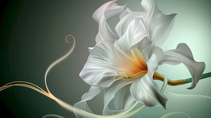 White Abstract Flower with Golden Center and Green Hues