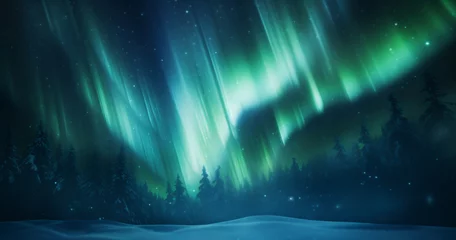 Foto op Aluminium northern lights, Aurora borealis, Night sky, polar lights, Night winter landscape, green aurora, over tree line © elina
