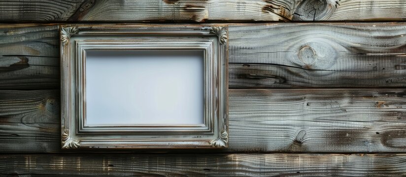 A rectangular picture frame made of composite material and metal is hanging on a hardwood wall fixture. Still life photography capturing art in a minimalist font