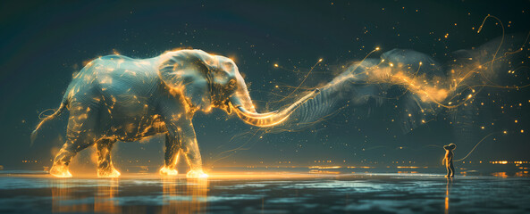 The ethereal elephant and mouse are connected by a dance of light. - obrazy, fototapety, plakaty