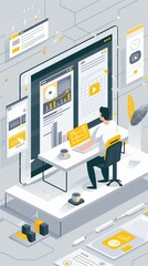 Isometric Vector Illustration Process Working With Big Database On Data Center System. Data Analysis Technology Concept. 