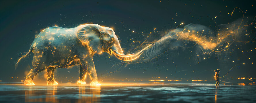 The ethereal elephant and mouse are connected by a dance of light.