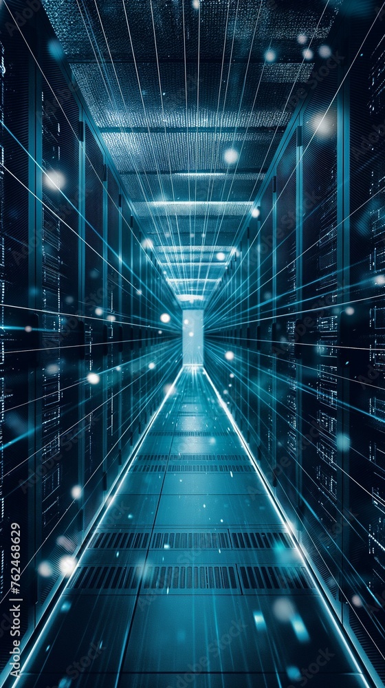 Poster a data center aisle containing multiple rows in a server room.