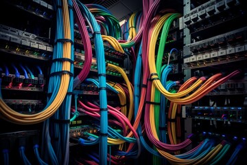 Vibrant Server colorful cables. Tech rack. Generate ai