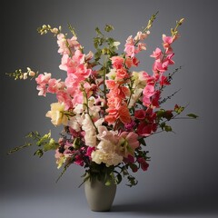 Colorful flowers in a vase set against a dark background. Flowering flowers, a symbol of spring, new life.