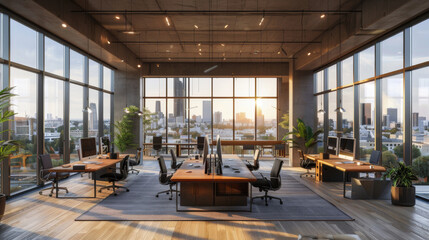 Spacious and contemporary office interior with large windows overlooking the city during sunset.