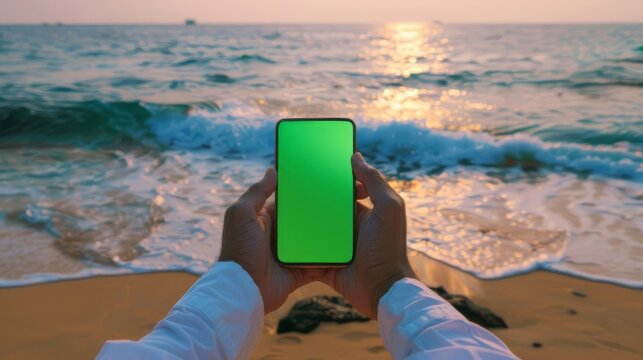 Hand Holding Smartphone with Green Screen on Tropical Beach Backdrop - Ideal for App Mock-ups and Digital Lifestyle