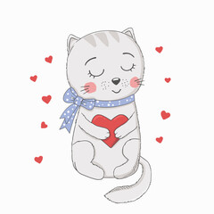 Cute cat with heart. Hand drawn vector illustration for print design