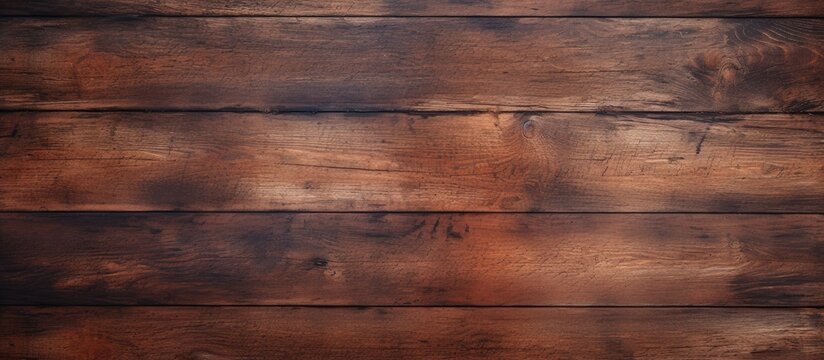 A closeup of a rectangular brown hardwood plank table with a beautiful wood grain pattern and amber wood stain. The blurred background adds to the allure of the flooring