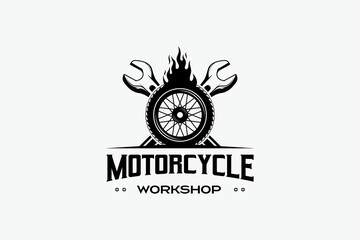 Motorcycle repair shop mechanic logo design with fire tire and wrench symbols