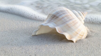 Sea Shell Resting on Sandy Beach by Ocean
