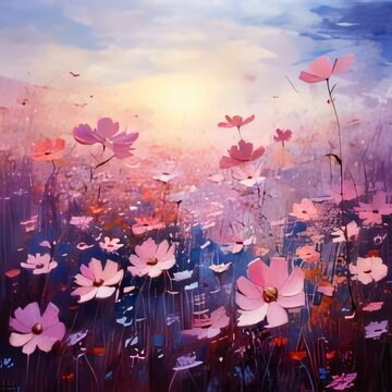 Illustration of a field full of pink flowers in the sunshine, at sunset. Flowering flowers, a symbol of spring, new life.