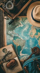 A Various Travel And Adventure Gear On A Wooden Table. Travel And Exploration Concept. - obrazy, fototapety, plakaty