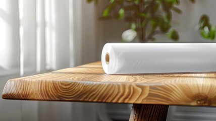 a brand new wooden table with a roll of white translucent anti-slip mat in a captivating close-up product photograph.