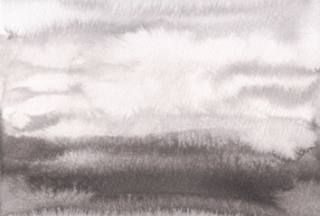 Monochrome abstract watercolor background, natural landscape, hand-drawn.  The texture of ink on paper. A banner for design, decoration with a place for text. Black and white background with gradient.