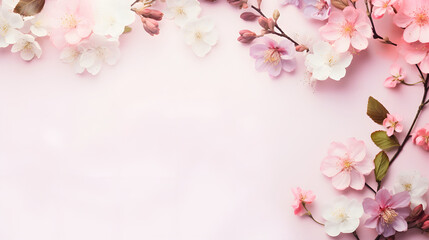 Spring flowers on pink background copy space for text, Generative Ai 