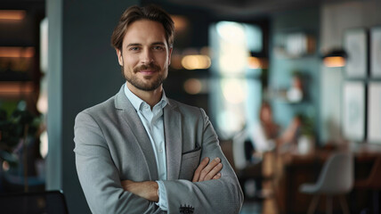 Fototapeta premium Happy successful businessman or company employee standing in office looking at camera.