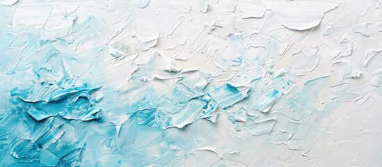 A closeup of a blue and white painting, resembling flowing water or snow on a white surface. The fluidity of the colors gives an electric blue feel to the art