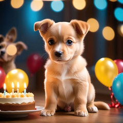 Retrato de un perrito junto a una tarta de cumpleaños y globos - obrazy, fototapety, plakaty