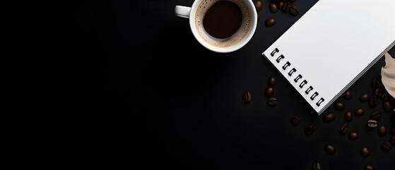 Coffee and note background on black table copy space for text, Generative Ai 