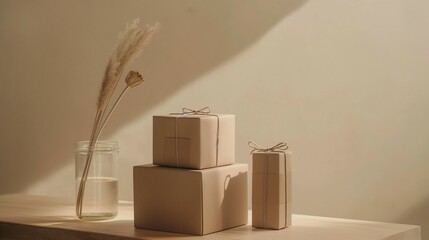A gift boxes wrapped in brown paper on a wooden table.