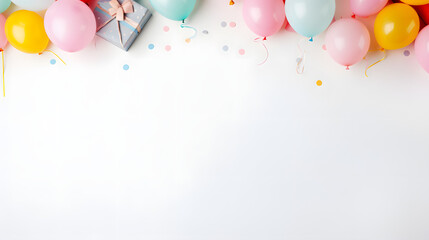 Balloons and gift box on white background copy space for text, Generative Ai 