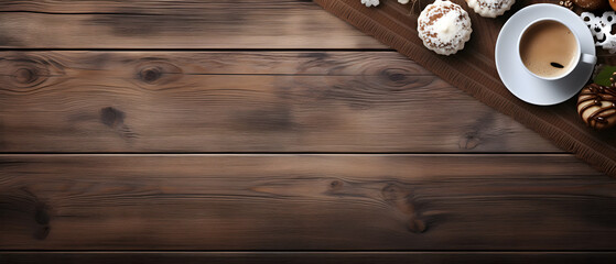Coffee and bread background on wood table copy space for text, Generative Ai 