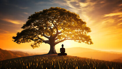 Silhouette of a Person Meditating Under a Majestic Tree at Sunset - obrazy, fototapety, plakaty