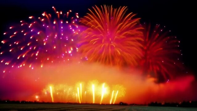 A fireworks display is lit up in the night sky. The fireworks are in various shapes and sizes, and they are scattered throughout the sky. Scene is festive and celebratory