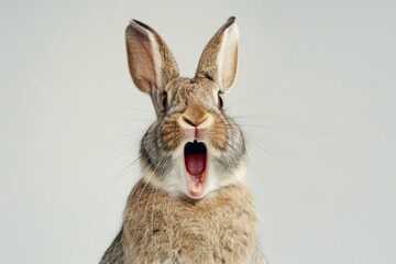 happy brown rabbit with mouth wide open sitting in front of a white background