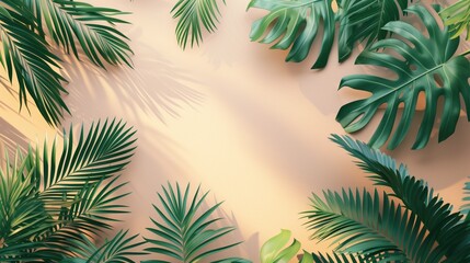 Fototapeta na wymiar Tropical leaves Monstera and palm tree leaf on cream background. Flat lay, top view, generative ai