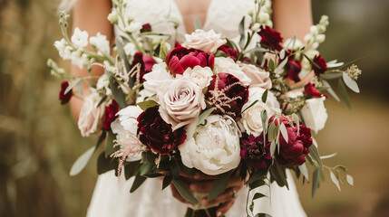 Closeup on a bride holding a wedding bouquet of beautiful flowers