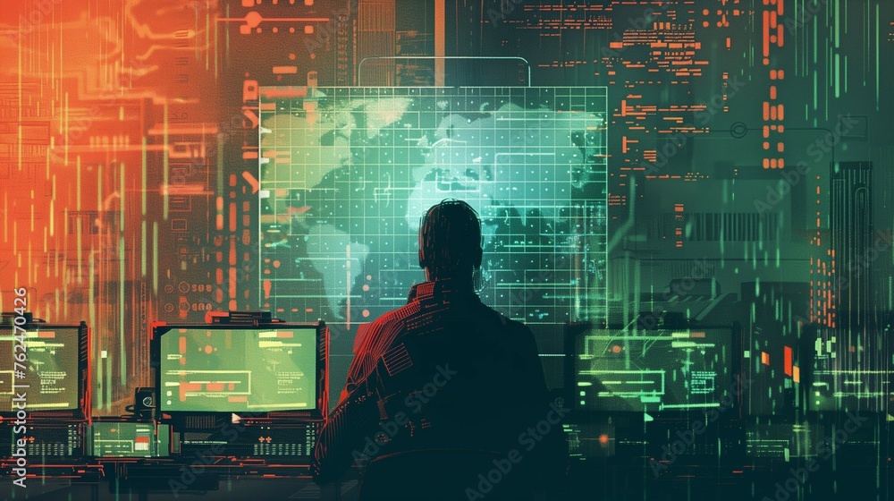 Poster a man with a data business analysis on screen.