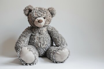 small stuffed bear sitting against a white background