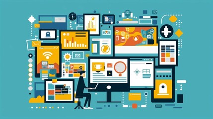 Vector Illustration Process Working With Big Database On Data Center System. Data Analysis Technology Concept. 