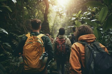 Group of hikers trekking through a dense rainforest. - obrazy, fototapety, plakaty