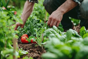 A person tending to a lush vegetable garden, harvesting red tomatoes and green leaves.