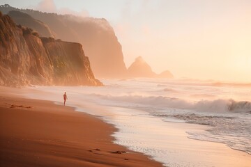 A lone individual walks on the beach at sunset, with waves crashing and cliffs towering.