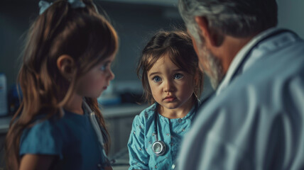 Little girl at the doctor for a checkup. Child auscultate the heartbeat of the doctor.