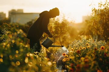A silhouette of a person watering plants at golden hour. - obrazy, fototapety, plakaty