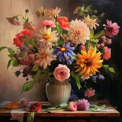 Colorful flowers of different kinds of species in a vase, on a dark background. Flowering flowers, a symbol of spring, new life.