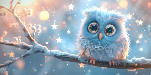 Enchanting Turquoise Owl Perched Amidst Twinkling Starry Skies