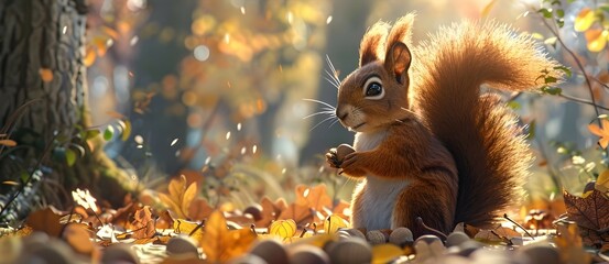 Curious Woodland Squirrel Foraging for Acorns in Dappled Autumn Sunlight