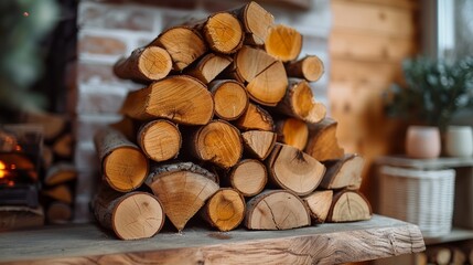 Naklejka premium Pile of Logs on Wooden Table
