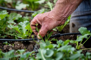 Hand adjusting drip irrigation in a vegetable garden.