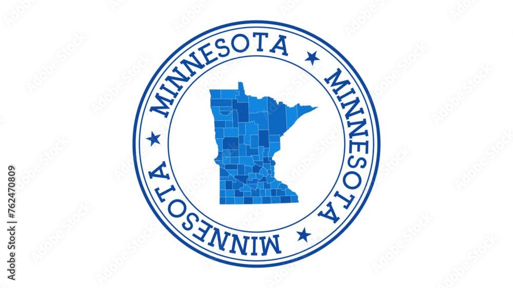 Poster minnesota intro. badge with the circular name and map of us state. minnesota round logo animation.